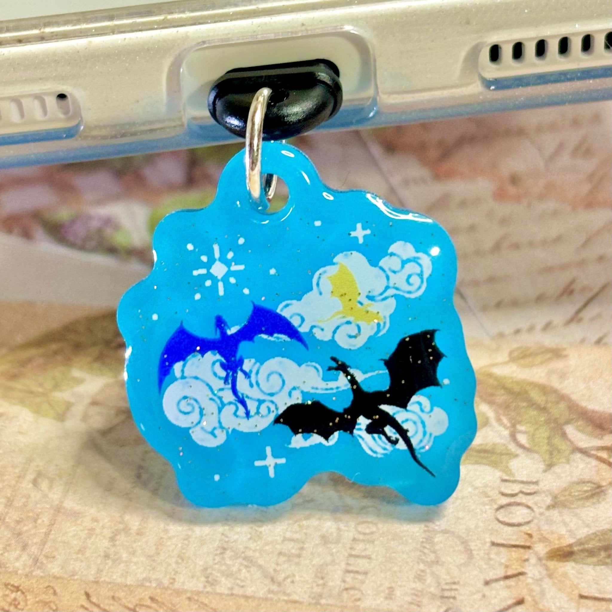 Fourth Wing Inspired Dragons Glow in the Dark Sparkle Double Sided USB-C Dust Plug Kindle Charm