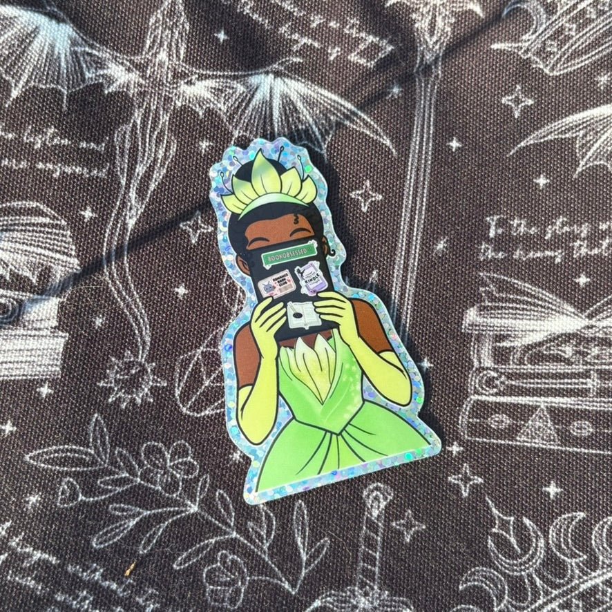 Princess Reading a Kindle Green Edition Glitter Sticker