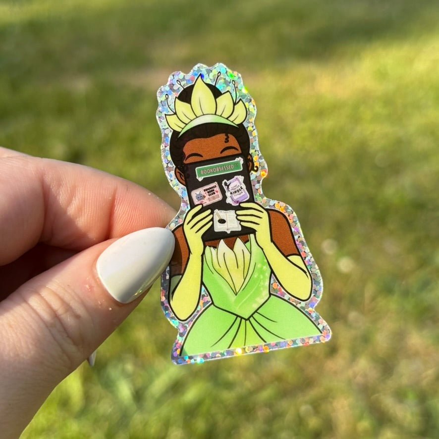 Princess Reading a Kindle Green Edition Glitter Sticker