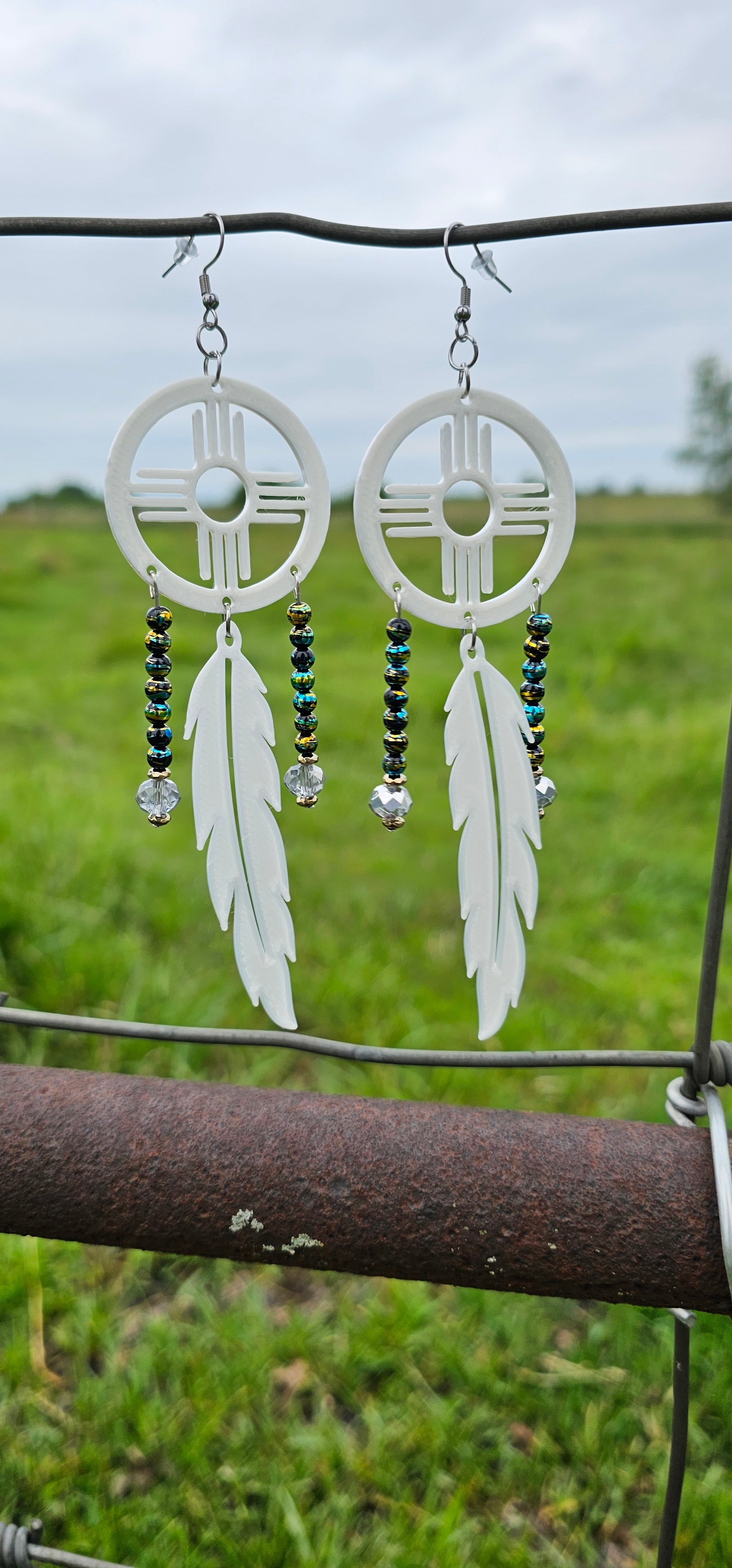 New Mexico Zia Feather Dreamcatcher Earrings