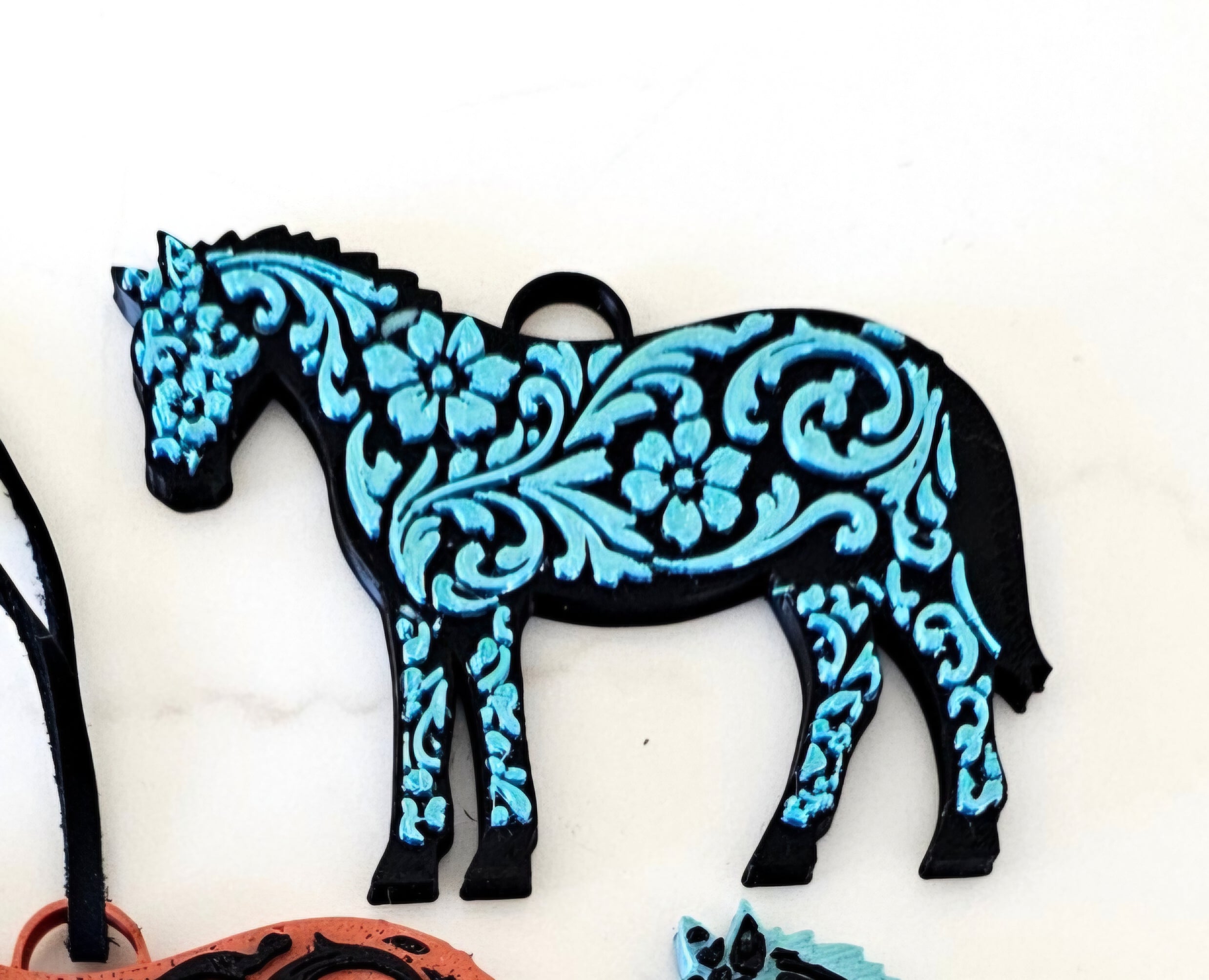 3D Printed Floral Tooled Horse Keychain or Purse Charm