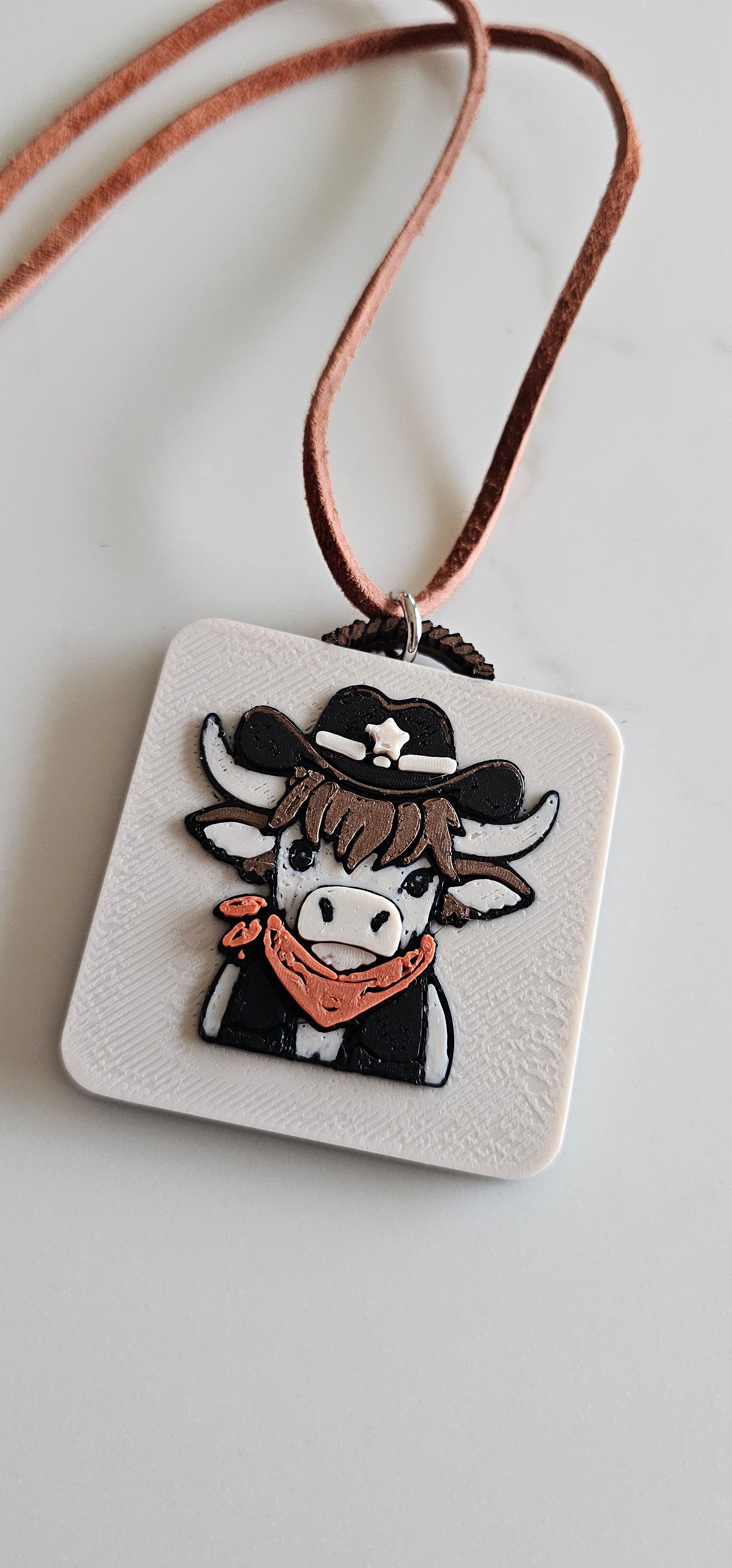 3D Printed Cowboy Highland Cow Necklace, Charm, or Keychain