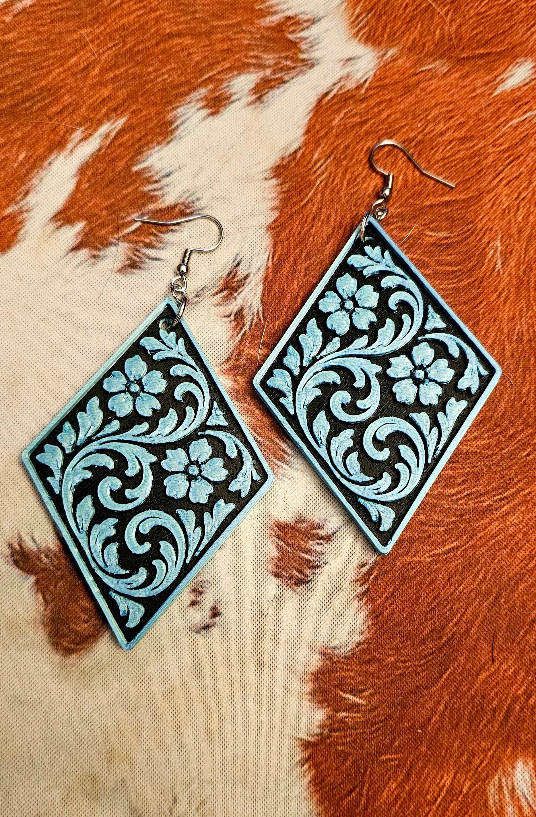 3D Printed Western Tooled Turquoise Earrings