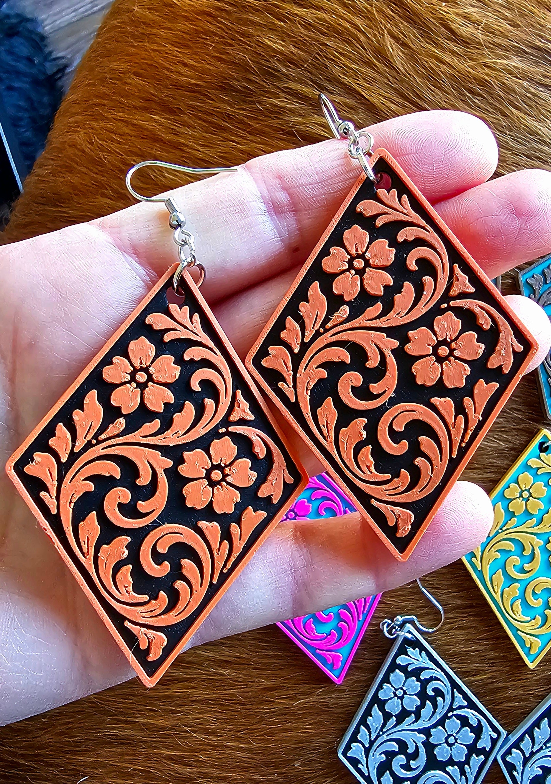 3D Printed Western Tooled Floral Earrings