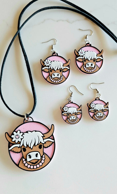3D Printed Cowgirl Highland Cow Necklace or Earrings