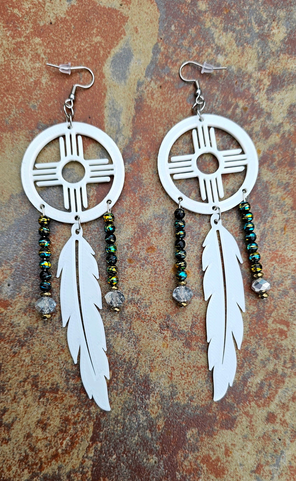 New Mexico Zia Feather Dreamcatcher Earrings
