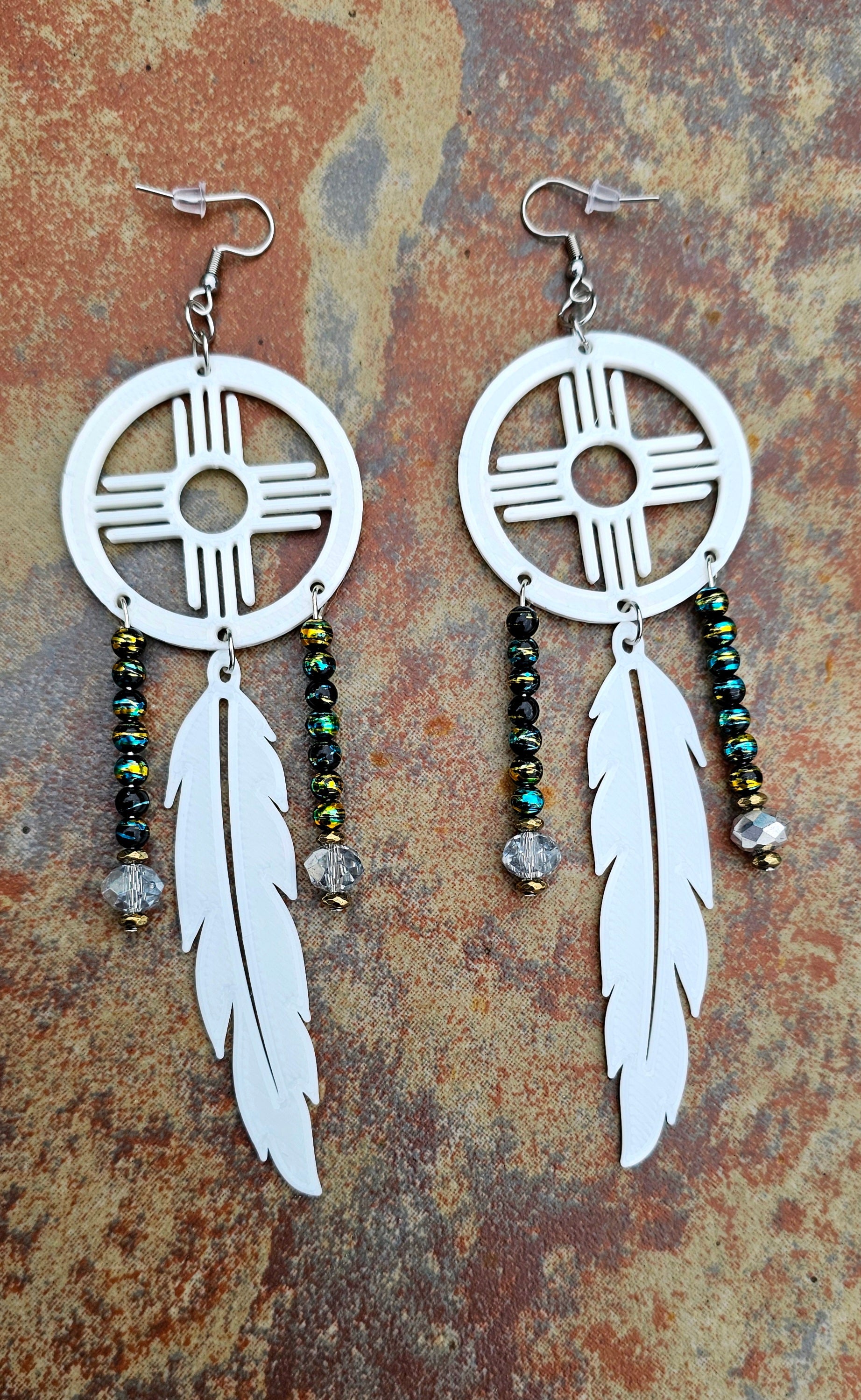 New Mexico Zia Feather Dreamcatcher Earrings