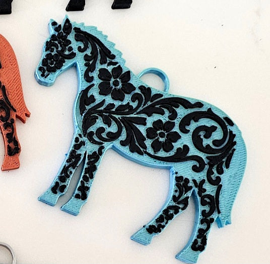 3D Printed Floral Tooled Horse Keychain or Purse Charm