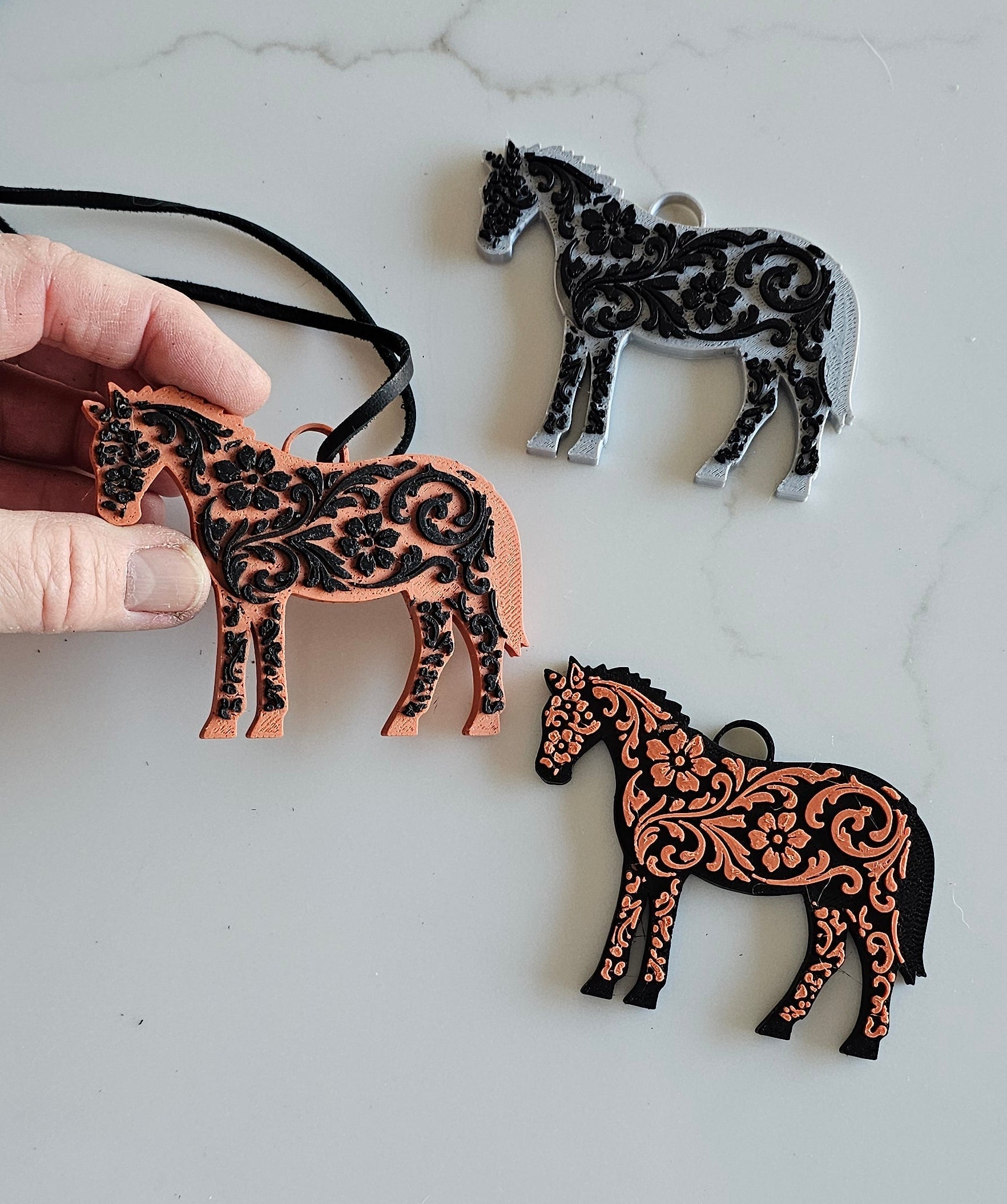 3D Printed Floral Tooled Horse Keychain or Purse Charm