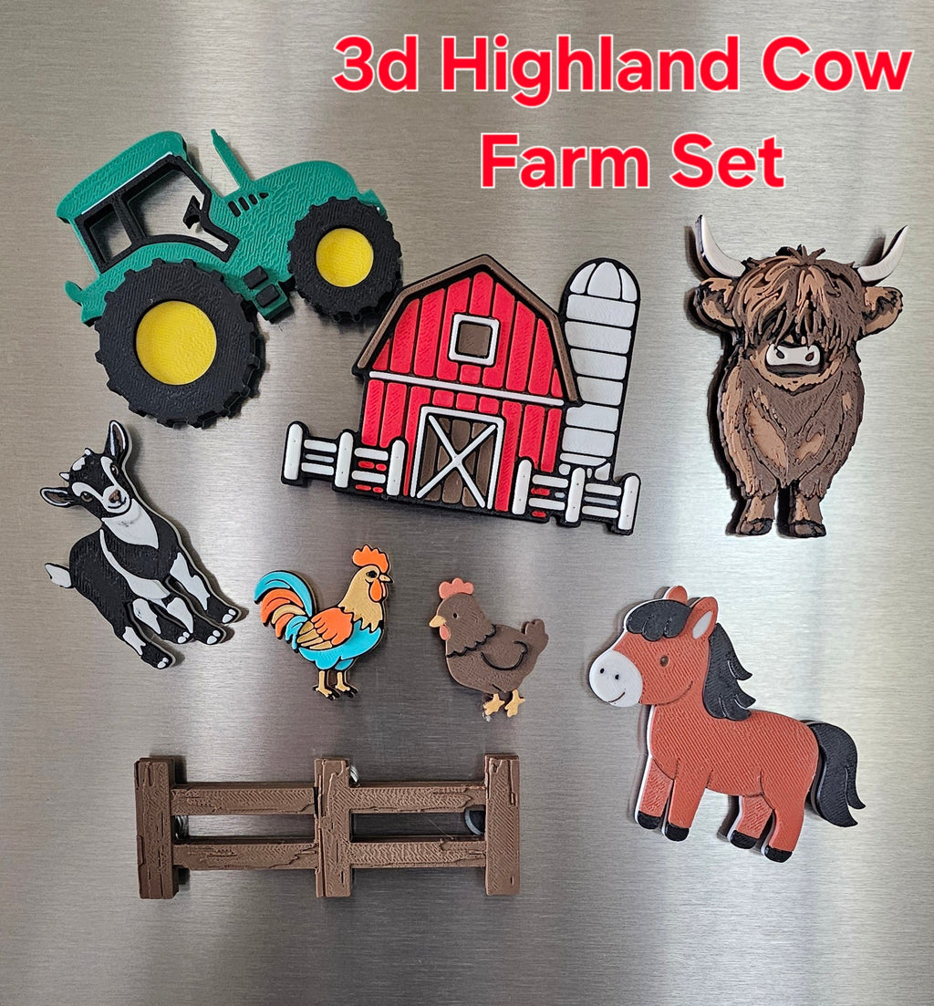 3D Printed Highland Cow Farm Magnet Gift Set
