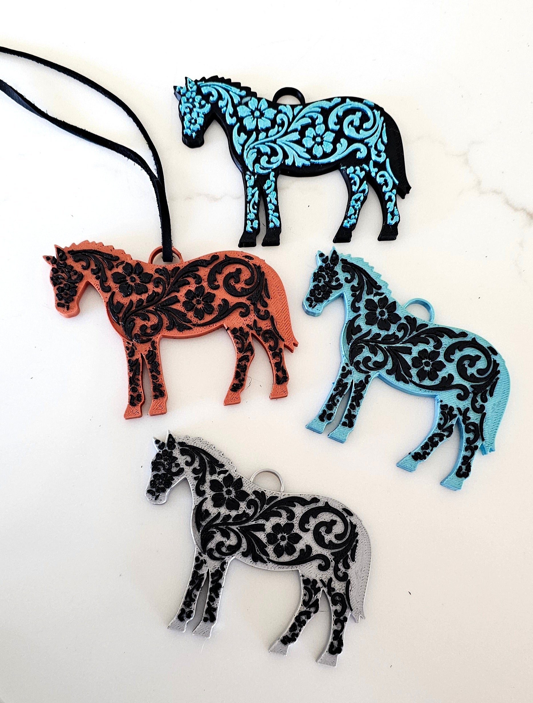 3D Printed Floral Tooled Horse Keychain or Purse Charm